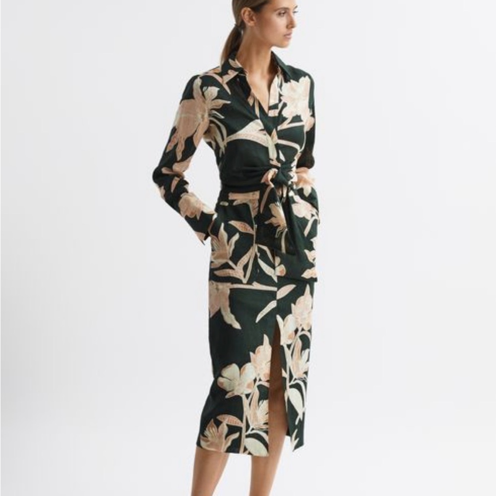 REISS SET, DAHLIA PRINT LINEN TIE FRONT BLOUSE AND HIGH RISE MIDI SKIRT, SIZE 0